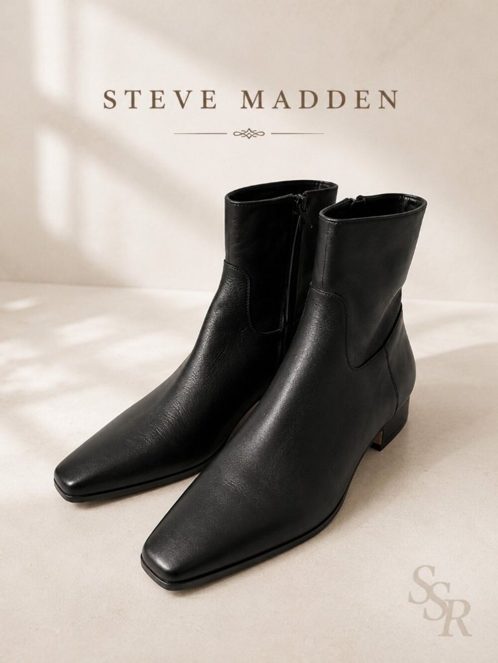 Steve Madden Dusty Ankle Boot Black Leather Square Toe Side Zip Women's 9M NWOB